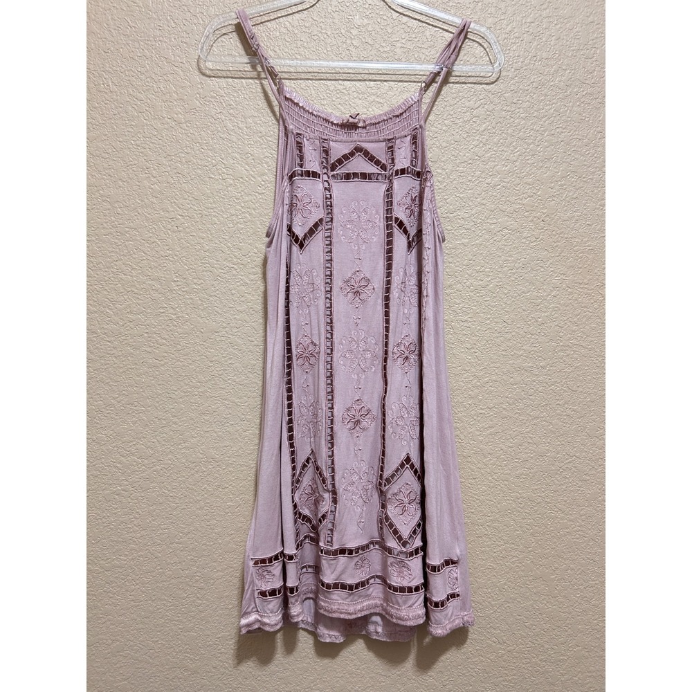 POL Size M Embroidered Velvet Cutout Boho Mini Dress Dusty Rose Pink Bohemian